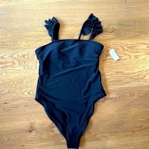 NWT Old Navy square neck ruffle strap French cut one piece in black size Small